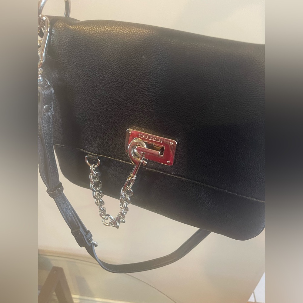 Black Leather Chain-Accent Shoulder Bag
